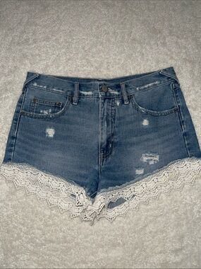 Free People Blue Denim Shorts with White Lace Trim